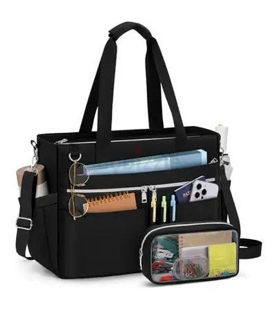 Black Large Organizer Tote Bag with Removable Pouch and Shoulder Strap