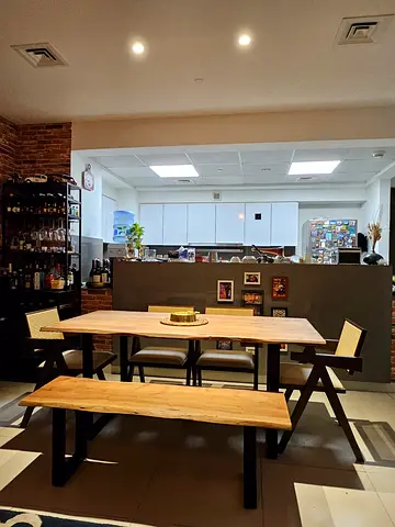 Solid Wood Dining Table Set with Bench and 4 Rattan Chairs