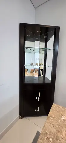 Modern dark wood display cabinet with glass shelves and lighting