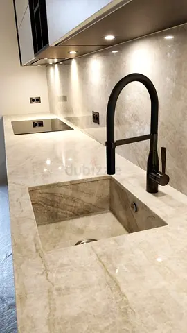 Custom Made Kitchen Countertop with Integrated Double Sink – Luxury Quartz  Marble Finish