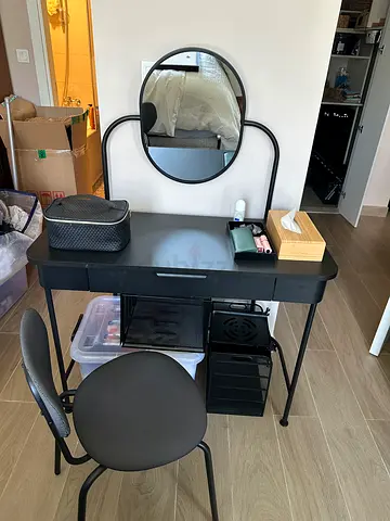 Small black vanity desk with chair and storage - good condition