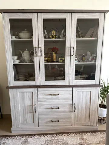 Light Grey Wooden Display Cabinet with Glass Doors and Storage