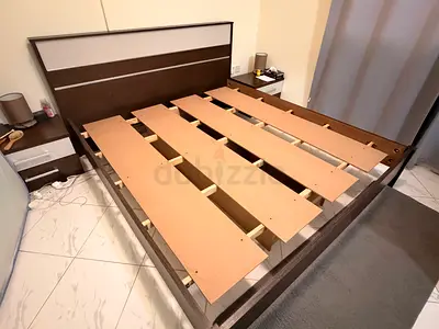 King size wooden bed frame with 2 night stands - dark brown