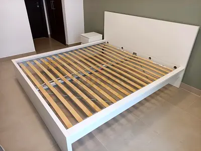 White Wooden Double Bed Frame with Slatted Base and Headboard