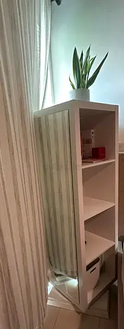 White narrow shelving unit - 4 open shelves, good condition