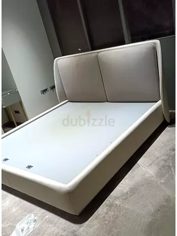 Modern upholstered queen bed frame with padded headboard - light grey