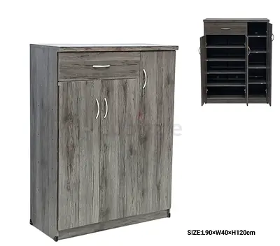Grey Wooden Shoe Cabinet with Drawers - 3 Doors, Multiple Shelves (L90 x W40 x H120cm)