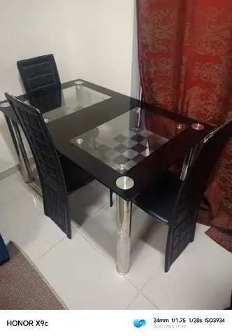 Black Glass Top Dining Table  GOOD CONDITION with 3 Faux Leather Chairs - HAVE SOME Dmages in chairs