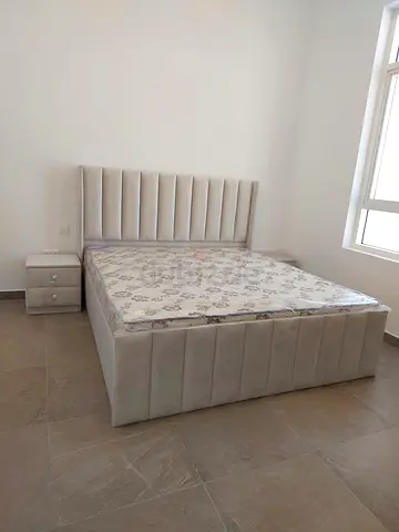 Upholstered king size Bed with Mattress and Nightstand - Light Beige
