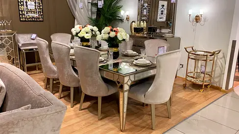 Mirrored Glass Dining Table with 8 Velvet Chairs - Elegant Set