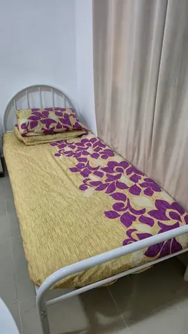 Single metal bed with mattress and bedding