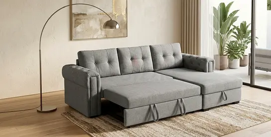 Grey L-Shaped Sofa Bed with Storage - 3-Seater Convertible