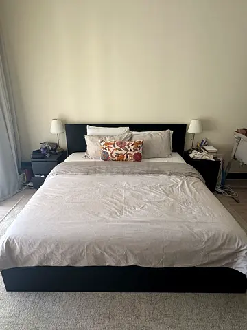 Ikea Malm Bed (black) with drawers and bedside tables
