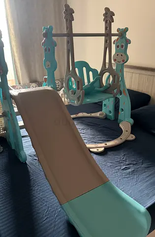Kids indoor slide and swing set - light blue/grey, good condition