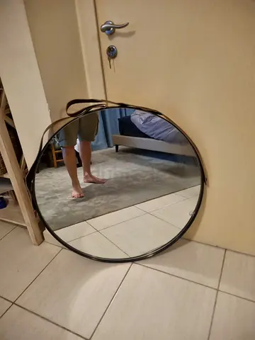 Round Wall Mirror with decorative Leather Strap - 80cm diameter