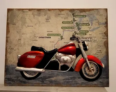 Vintage Red Motorcycle Wall Art on Map Background