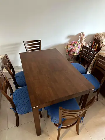 Solid Wood 6-Seater Dining Table with Chairs - Dark Brown