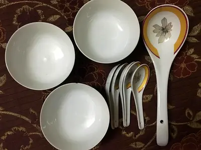 Set of 3 Ceramic Soup Bowls with 5 Porcelain Spoons and Ladle