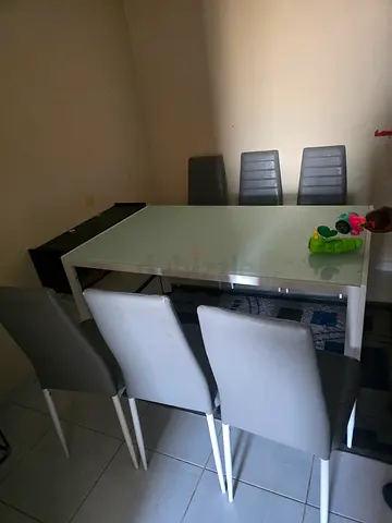 Glass Top Dining Table with 6 Chairs - Light Grey/White