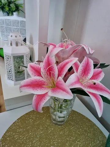 Pink Lily Artificial Flower Arrangement in Glass Vase