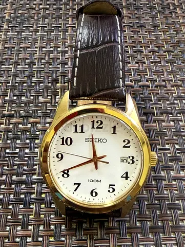 Seiko Mens Classic Gold Case Watch with Brown Leather Strap