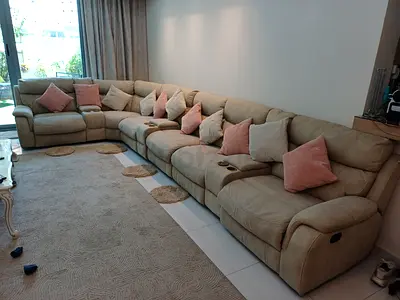 Large Beige L-Shaped Reclining Corner Sofa - Comfortable 6-Seater