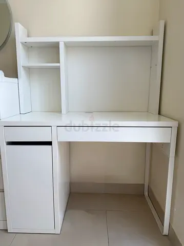 White Study Desk with Upper Shelf and Drawer