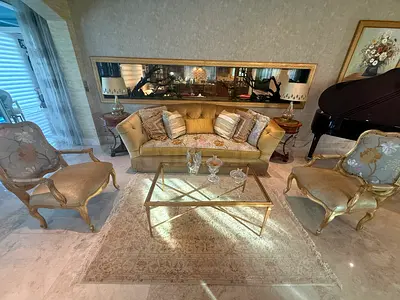 Gold Gilt French-Style Sofa Set – Tufted Sofa + 2 Armchairs (Silk)