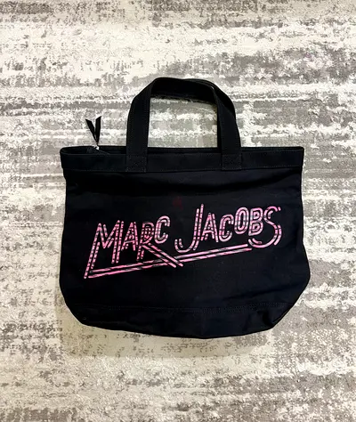 Marc Jacobs black canvas tote bag with pink logo