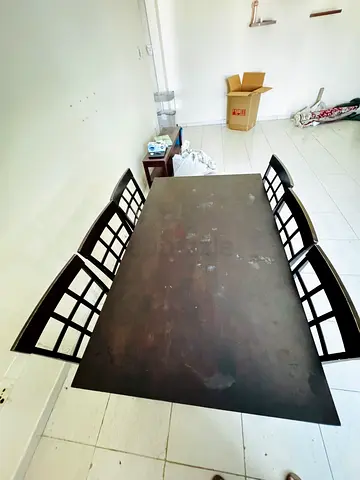 6-seater dark wood dining table with chairs - used