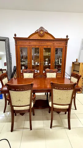 Solid Wood Dining Table with Display Cabinet - 6 Chairs Set