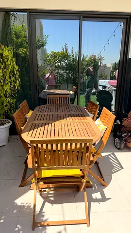 Solid Wood Outdoor Dining Table with 6 Foldable Chairs - Good Condition