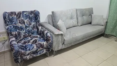 Light grey 3-seater sofa with matching patterned armchair - good condition