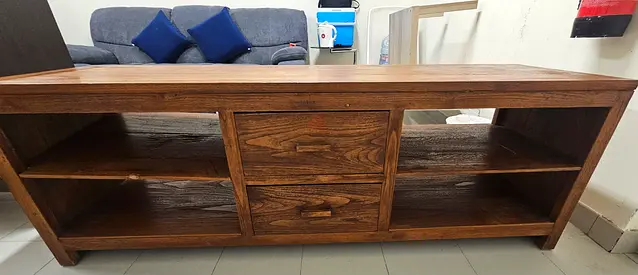 Solid Wood Media TV Console with Shelves and Drawers