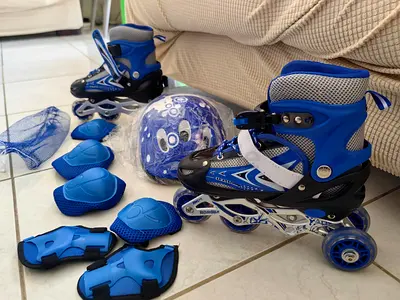 Kids Adjustable Blue Roller Skates with Protective Gear (Helmet, Pads)