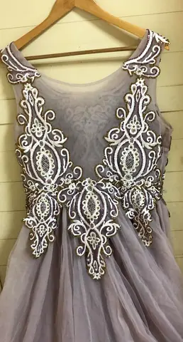 Lilac embellished evening dress, size unknown