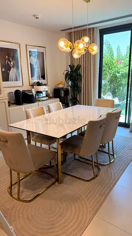 Marble-top Dining Table with 6 Upholstered Chairs and Console  — Good Condition