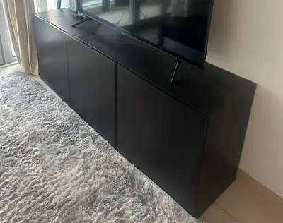 Black low TV cabinet / media console - 3-door, modern design