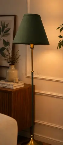 Brass Floor Lamp with Green Fabric Shade - Classic Design
