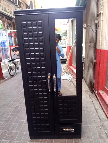Dark Wood Free-standing Wardrobe with Mirror and Drawer