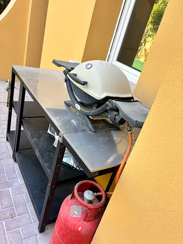 Used Gas BBQ Grill with Propane Cylinder and Prep Table