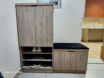 24 Pair wooden shoe cabinet with seat - light oak finish