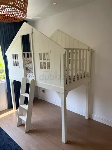 White Wooden Loft Crib/Bed with Playhouse Design from pottery barn. With premium mattress.
