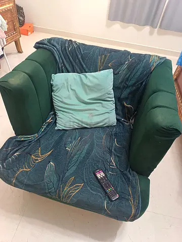 Green Velvet Armchair - Single x 2 Seater, Good Condition