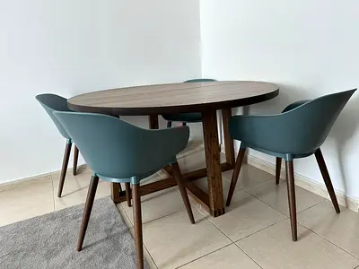 MÖRBYLÅNGA / GRÖNSTA
Table and 4 chairs with armrests, oak veneer brown grey-turquoise, 145 cm