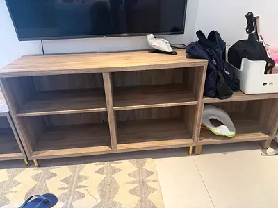 Various Oak-effect bookshelf/consoles with open shelving, good condition