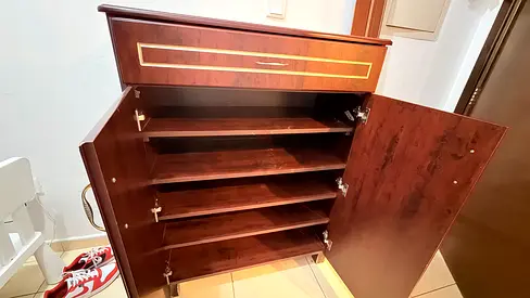 Dark Wood Multi-Shelf Shoe Cabinet with Top Drawer — Good Condition