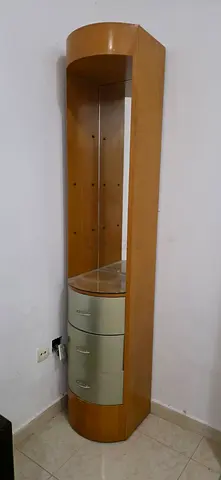 wooden cupboard with glass and 3 drawers
