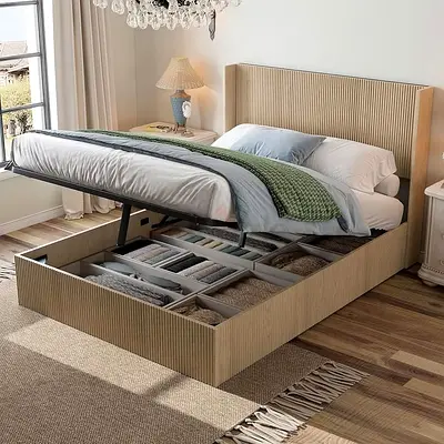 Modern Wooden Bed with Hydraulic Under-bed Storage