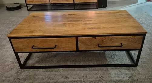 Solid Wood Coffee Table with Metal Frame and Two Drawers